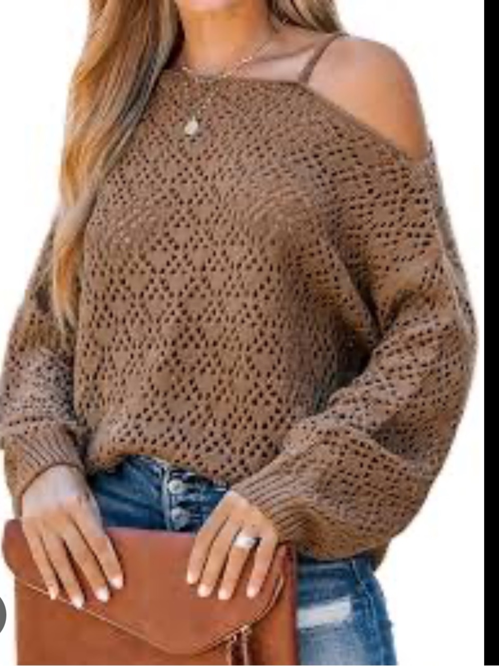 Cupshe NWT small crotchet Brown Open-Knit oversized Off-Shoulder Sweater